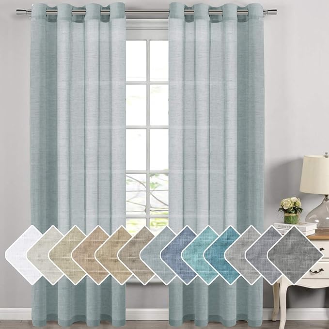 H.VERSAILTEX Linen Curtains Flax Linen Blended Curtain Panels for Living Room/Bedroom Semi Sheer Privacy Curtains 108 inch Length 2 Panels Set Nickel Grommet Window Drapes (52" W x 108" L, Teal)