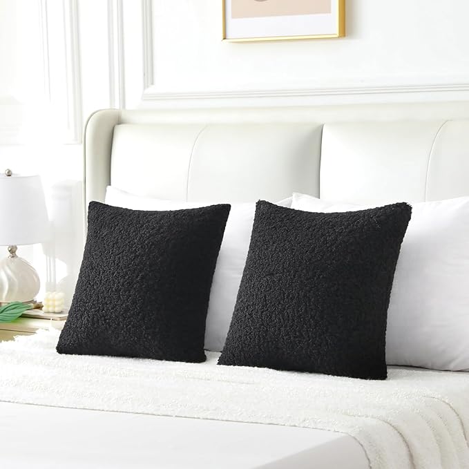 FUTEI Black Throw Pillow Covers 24x24 Inch Set of 2,Furry Faux Fur Teddy Boucle Textured Cushion Covers,Soft Fluffy European Pillow Shams,Home Decor for Couch Bed Living Room Office Car