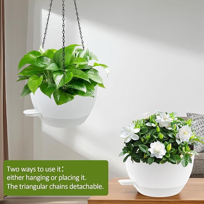 WOUSIWER Self Watering Hanging Planters, 2 Pack 10'' Plastic Pots with Drainage Holes & Reservoir Tray (White) | Indoor & Outdoor Use for Ferns, Ivy, Herbs, Succulents