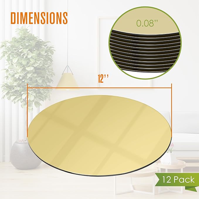 Houseables Gold Mirror Centerpieces For Tables, Round Mirrors For Centerpieces, Mirrored Trays, Round Table Plate Tray, Circle, Glass Charger, Wedding, Center Piece, Small, Base, Candle, 12 Inch, 12PK
