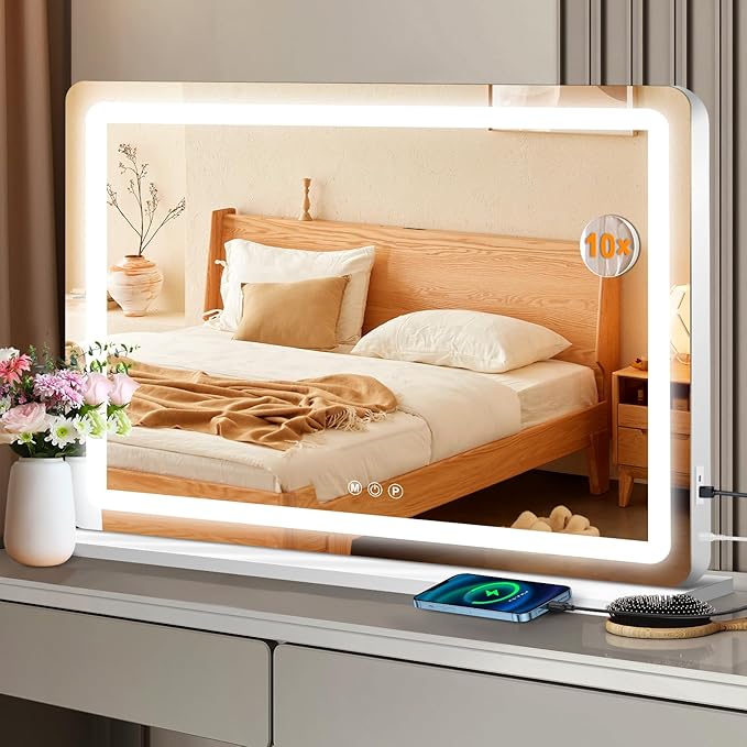 32"x24" Vanity Mirror with Lights, Led Makeup Mirror, Lighted Makeup Mirror with 3 Color Dimmable Lights, Smart Touch Screen Control, Aluminum Metal Frame,USB Charging Port