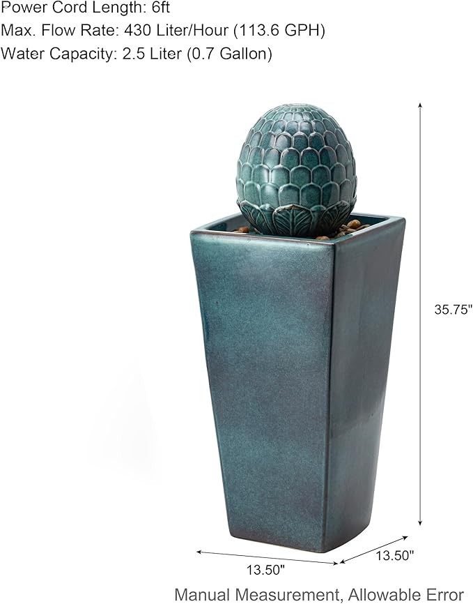 Glitzhome Ceramic Outdoor Water Fountain with LED Light, Oversized Artichoke Pedestal Water Fountains with Submersible Pump, Patio Fountain Waterfall for Garden Patio Deck Porch, Turquoise, 35.75" H