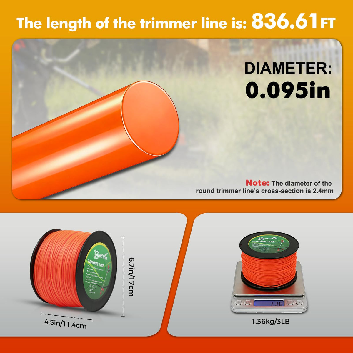 AretiTrin 095 String Trimmer Line,Round Orange Heavy Duty Weed Eater String, Premium Nylon Universal 0.095" Diameter x 3LB -837ft for Lawn Edging & Thick Weeds