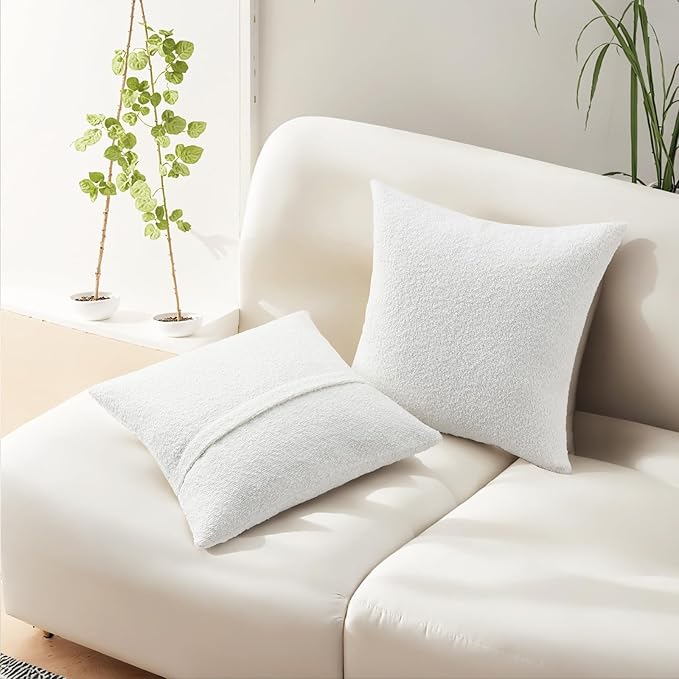 HAUSSY Christmas White Set of 2 16x16 Decorative Throw Pillow Covers, Soft Cozy Textured Boucle Couch Cases, Home Decor for Couch Bed Living Room