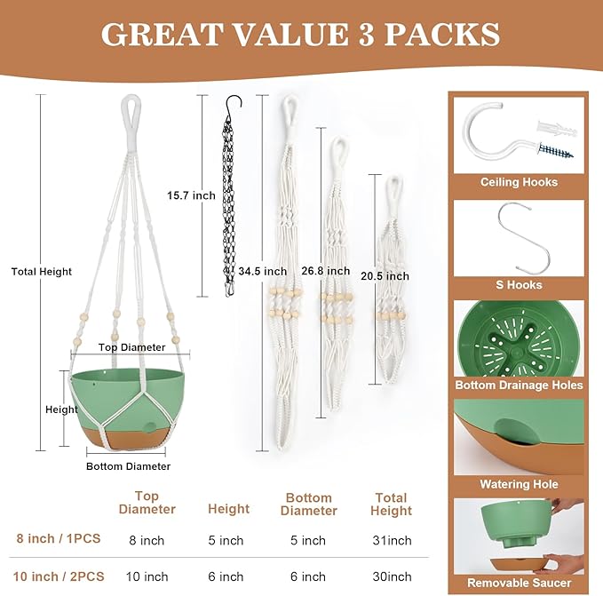 3 Pack Hanging Planters for Indoor Plants, 10 + 10 + 8 Inch Self-Watering Hanging Plant Pot, Macrame Plant Hanger with Pot, Ceiling Hooks, Removable Saucer and Drainage Holes for Garden Home - Green