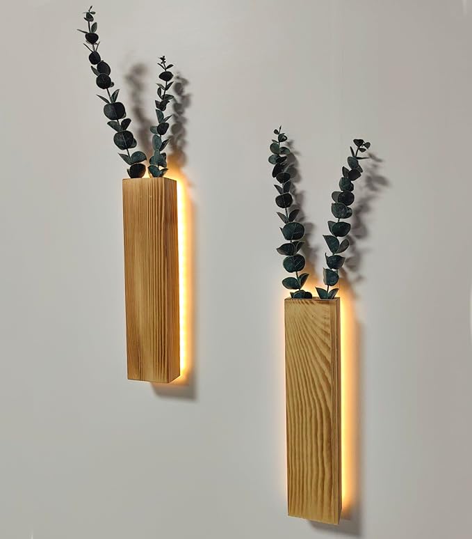 Artificial Eucalyptus with LED Lights Wall Planters Rustic Wall Decor with Lights Wall Sconces Fake Vines for Room Decor Home Bedroom Living Room Bathroom Hanging Vase for Dried Flowers Faux Plants