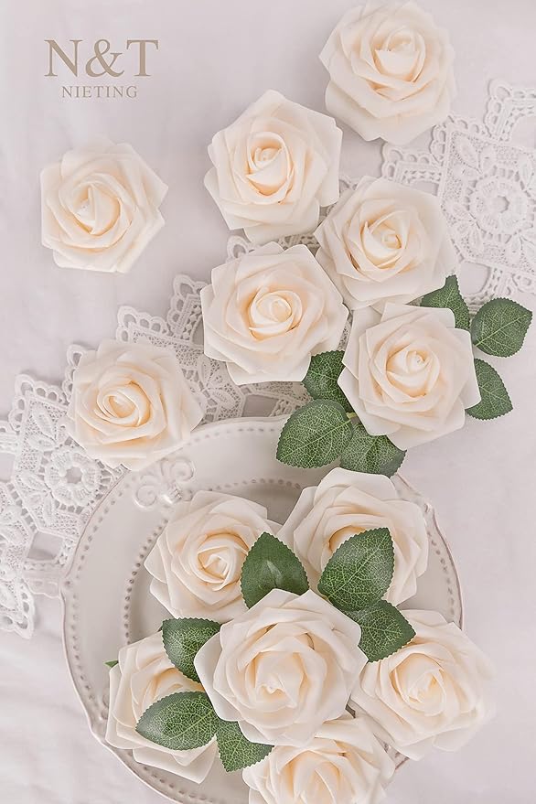 N&T NIETING Roses Artificial Flowers, 50pcs Fake Flowers Foam Roses for DIY Wedding Bridal Bouquet Baby Shower Party Cake Wall Decoration, Cream