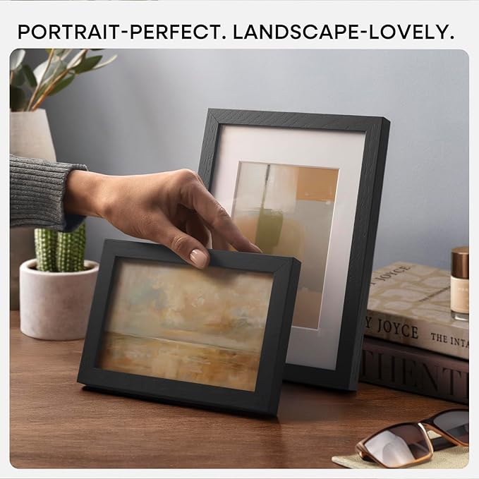 Homeforia 9x11 Black Wood Picture Frame, High End Oak 9 x 11 Frames with Mat 6 by 8 Print, 9by11 Black Wooden Frame Matted to 6x8 inch Photo, Wall or Tabletop Frame, Tempered Glass, Wall Kit, Set of 1