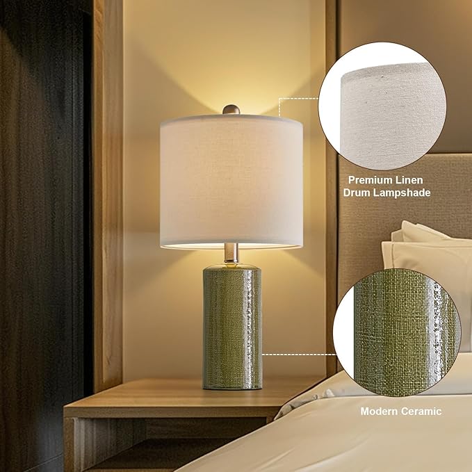 20.25" Small Table Lamps Set of 2 Modern Ceramic Lamps for Living Room Farmhouse Bedside Lamps Boho Lamps for Night Stands Green Bedroom Lamp Side Table Lamps End Table Lamp