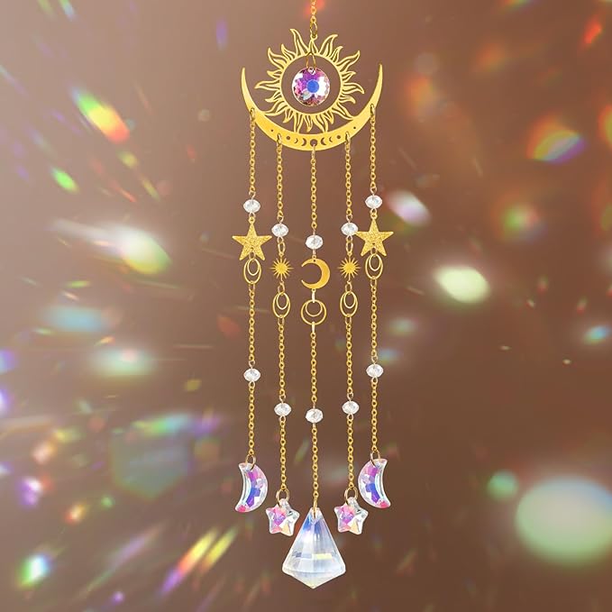 Crystal Suncatcher, Sun and Moon Suncatcher for Windows Hanging Indoor Outdoor, Prisms Rainbow Maker Home Garden Backyard Room Decor for Valentines's Mother's Day Birthday Housewarming Gift