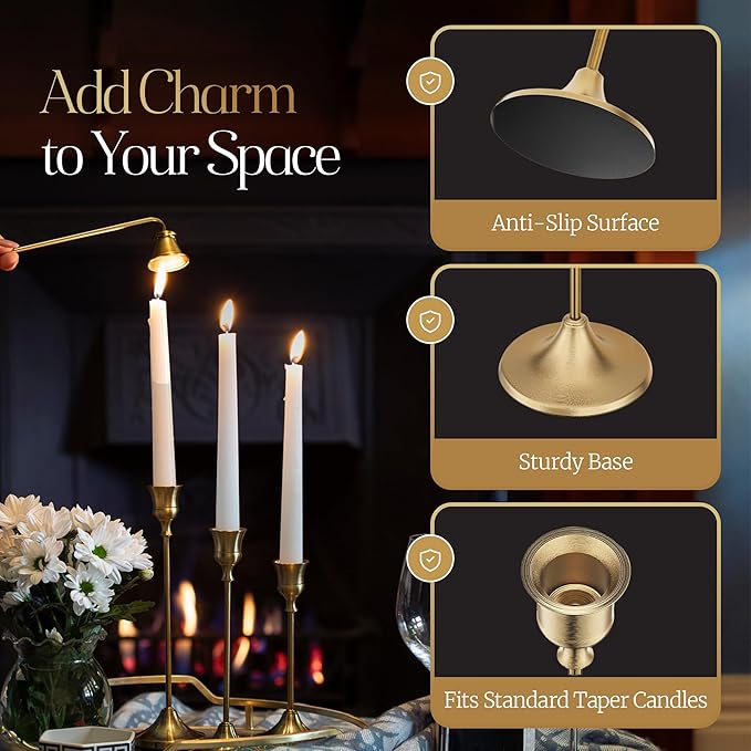 Gold Candleholders for Taper Candlesticks Plus Candle Snuffer – Dining Table Décor Centrepiece - Brass Candelabra Candlestick Holder - Gold Décor for Home Weddings Celebrations Events (Set of 6 Pcs)