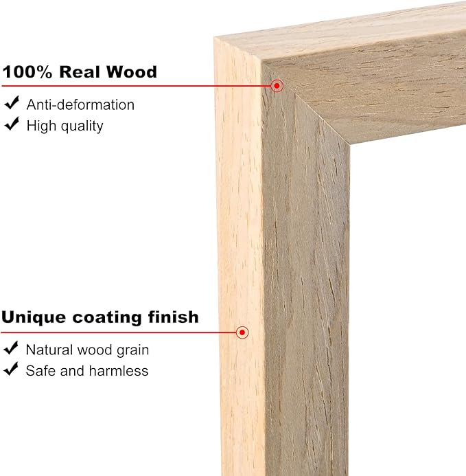 KINLINK 10x12 Picture Frame Natural, Solid Wood Frames with Acrylic Plexiglass for Pictures 7x9 with Mat or 10x12 without Mat, Tabletop and Wall Display Photo Frame, Set of 4