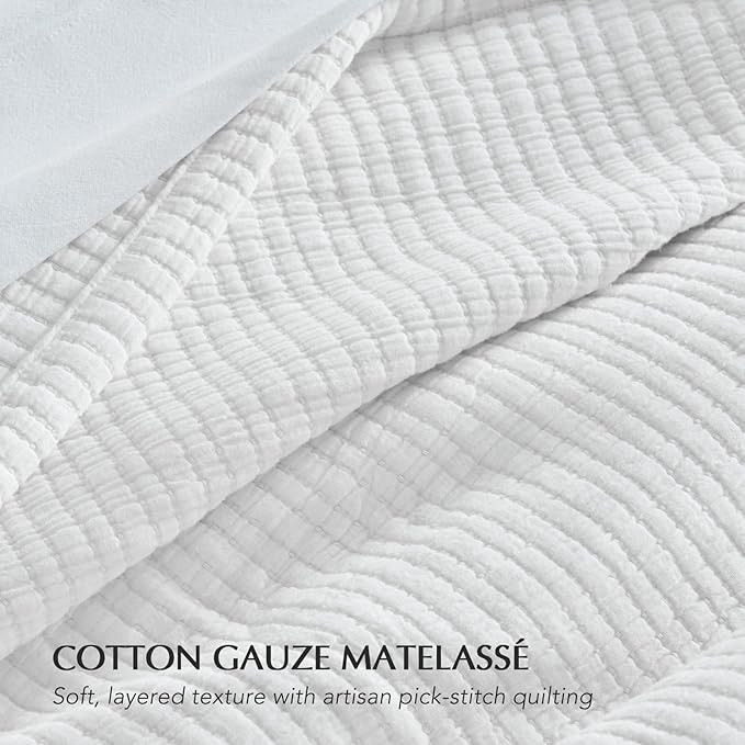 EVERGRACEHOME Cotton Gauze Full Queen Bedspread, Ultra Soft Prewashed Pick Stitch Matelassé Coverlet, Lightweight Textured Oversized Queen Quilt Bedding Set for All Season, w/2 Shams, White