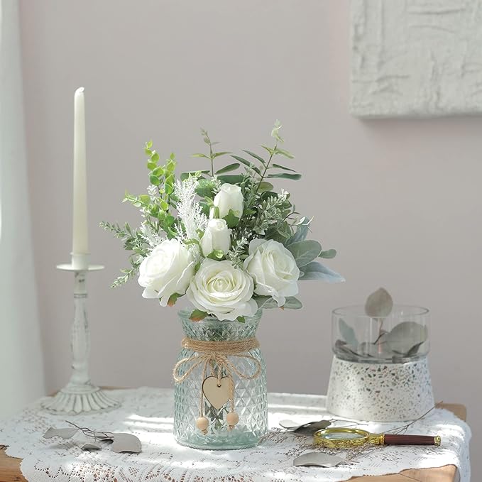 Faux Flowers with Vase,Artificial Silk Roses in Vase, Fake Plant Eucalyptus Flower Arrangement for Home Office Farmhouse Bathroom Dining Table Centerpiece Decorations Coffee Table Decor (White)