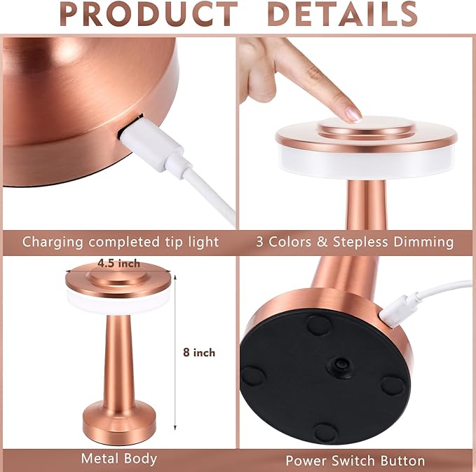 Riakrum 4 Pcs LED Portable Cordless Table Lamp with Touch Sensor 3 Color Stepless Dimming Rechargeable Battery up to 15 Hours Cordless Table Light Wireless Lamp for Nursery (Rose Gold)