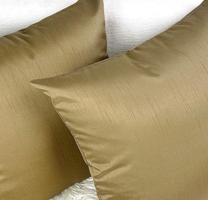Aiking Home Collection 18x18 Inches Faux Silk Square Throw Pillow Cover, Zipper Closure, Brass (Set of 2)