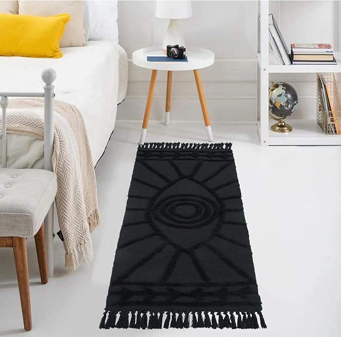 Uphome Kitchen Rug 2'x4.3' Washable Evil Eye Tufted Bathroom Runnner Rug with Tassels Soft Cotton Woven Boho Rug Farmhouse Aesthetic Dark Gray Accent Mat for Bedroom Entryway Laundry Room Porch