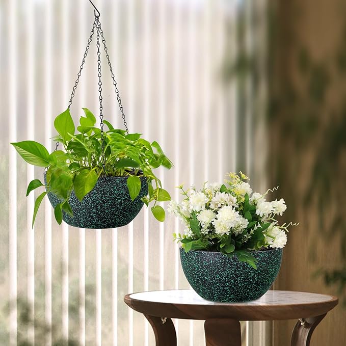 12 inch Large Hanging Planters for Indoor Outdoor Plants, 2 Pack Hanging Flower Pots with Drainage Holes and Chain, Plastic Hanging Baskets for House Plants, Black with Green Speckles