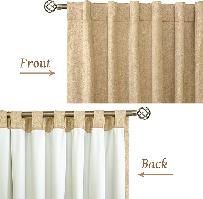 LAMIT Natural 100% Blackout Linen Curtains, 54 Inches Linen Textured Thermal Bedroom Curtains Back Tab and Rod Pocket Neutral Panels with White Liner for Farmhouse, 2 Panels, 42 x 54 Inch, Burlap