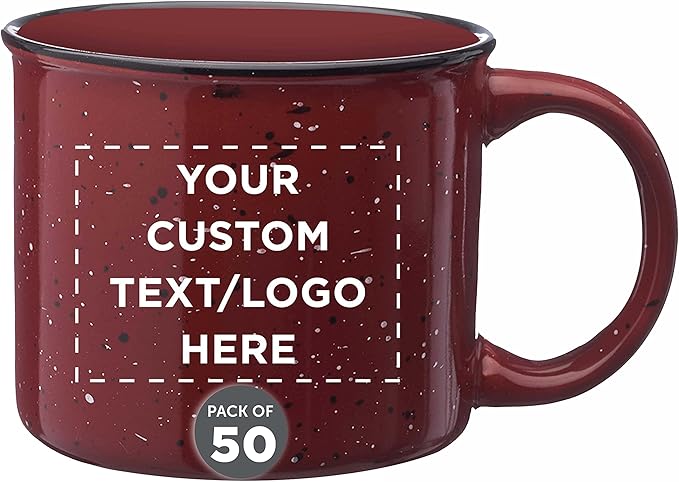 DISCOUNT PROMOS Custom Ceramic Campfire Coffee Mugs 13 oz. Set of 50, Personalized Bulk Pack - Perfect for Tea, Espresso, Cappuccino, Hot Cocoa - Maroon
