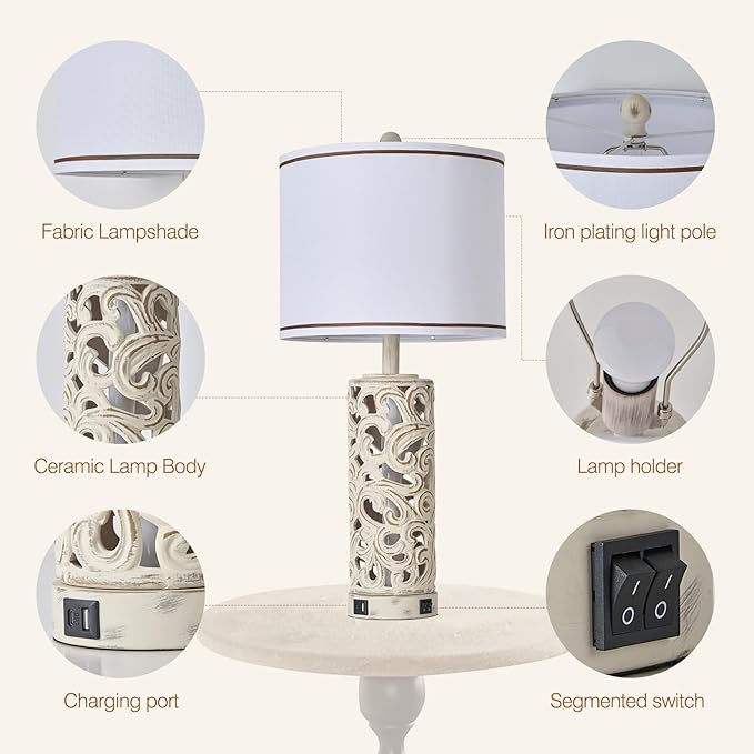 AIDENOEY Set of 2 Table Lamps with Night Light, 28" Farmhouse Table Lamp with USB A+C Ports,White Ceramic Bedside Lamp with Fabric Shade for Living Room,Bedroom,Home,Office(2 Bulbs Included)