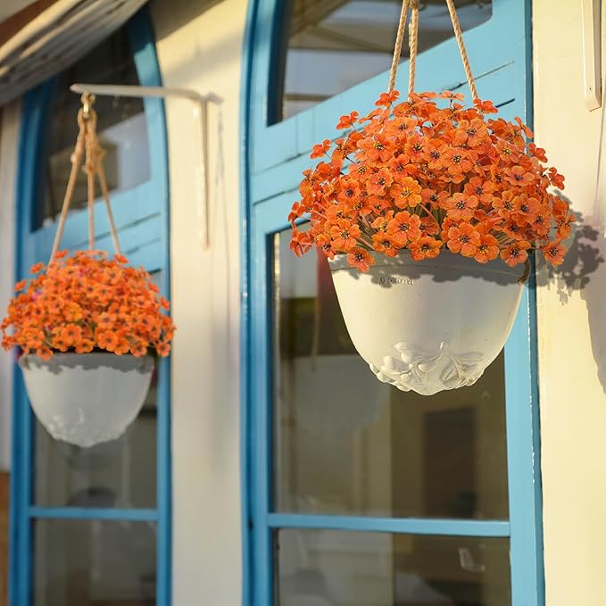 Outdoor Artificial Flowers 21 UV Resistant Bundles Fake Flower Plastic Plants Faux Silk Flowers Porch Hanging Garden Porch Window Box Decorating (Light Autumn Orange)