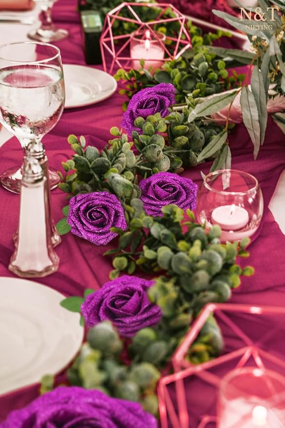 N&T NIETING Artificial Flowers Glowing Purple Flowers Foam 25pcs Glitter Roses Real Looking Fake Roses with Stem for DIY Wedding Bouquets Centerpieces Bridal Shower Party Home Decorations