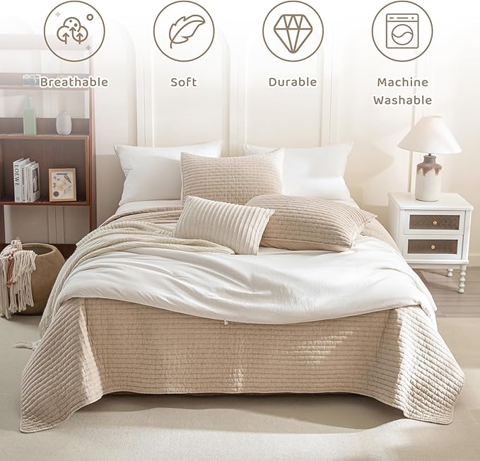 Sanracie 100% Cotton Oversized King Quilt (120"x120"), Warm Taupe Colored Cross Stitch Pattern Quilt Bedding Set 3Pcs Ultra Soft Cozy California King Bed Coverlet Set for All Season
