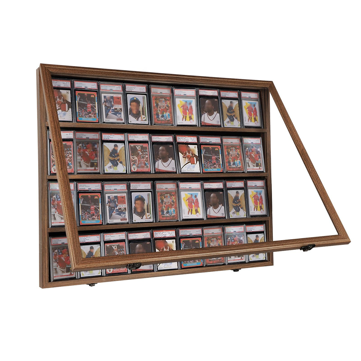 VERANI Baseball Card Display Case - 36 Graded Sports Card Display Frame - Holds Sport Cards with UV Protection Clear View Lockable Wall Cabinet for Football Basketball Hockey Trading Card, Walnut