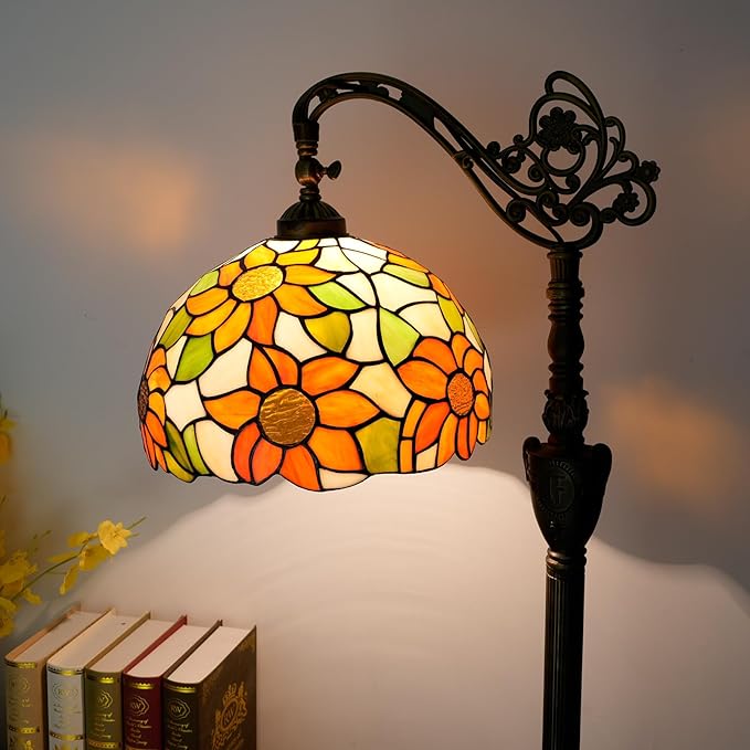 Tiffany Floor Lamp Yellow Sunflower Stained Glass Gooseneck Reading Floor Lamp Adjustable Corner Standing Light with Foot Switch for Bedroom Living Room Office (Bulb Included)