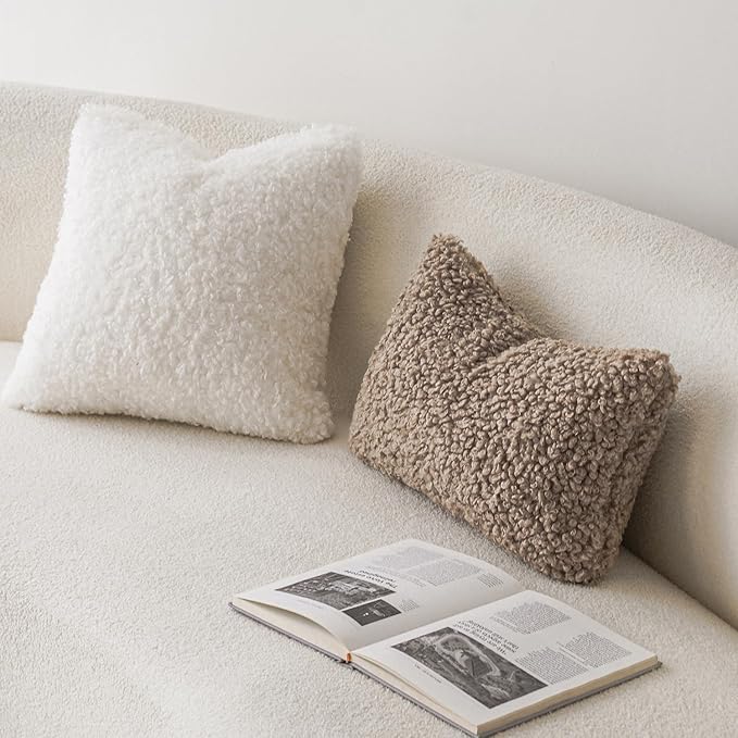 Foindtower Set of 2 Curly Teddy Wool Pillow Covers Decorative Boucle Textured Lumbar Throw Pillow Faux Fur Pillowcases Sheepskin Cushion Case for Sofa Bedroom Car 12"x20" Khaki