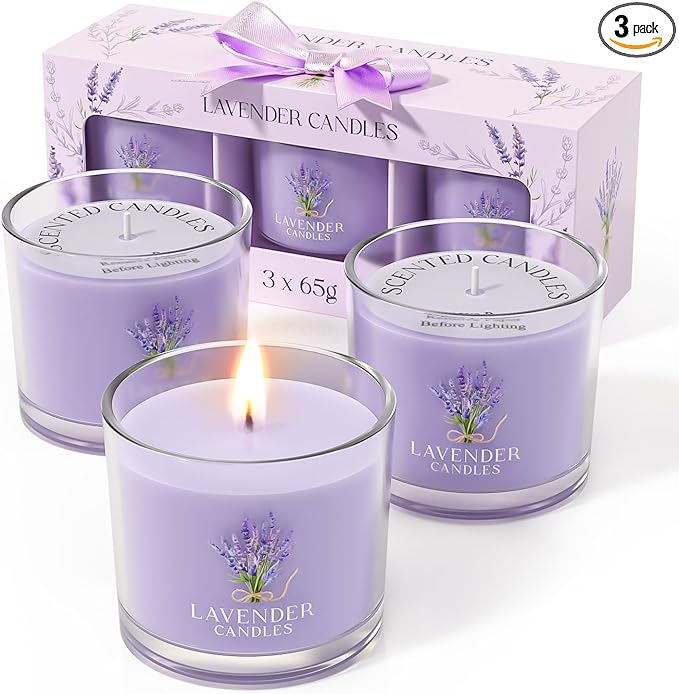 Lavender Candle, Scented Candles Gift Set for Stress Relief, 3 Votive Candles for Women and Men, Birthday Candle Gifts for Women, Christmas Candles for Women (Purple, 7 oz)