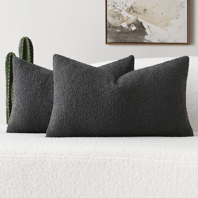 FUTEI Pack of 2 Dark Grey Decorative Throw Pillow Covers 12x20 Inch Soft Cozy Solid Boucle Textured Lumbar Pillow Cases,Modern Home Decor for Couch Bed Living Room