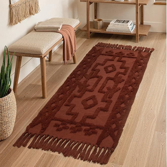 Uphome Boho Bathroom Runner Rug 2' x 4.3', Washable Woven Cotton Bedroom Runners, Terracotta Aesthetic Tufted Entryway Runner Rugs, Bohemian Tribal Throw Rug for Bedside Living Room Laundry Kitchen