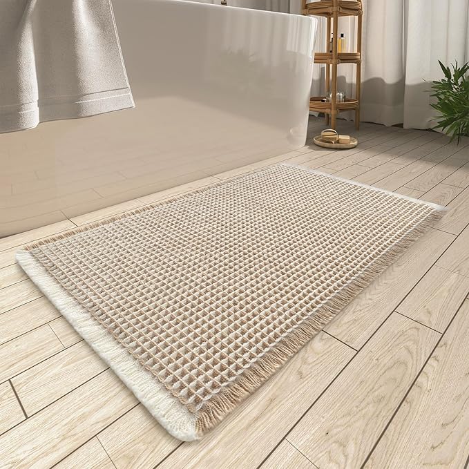 AMOAMI Upgraded Waffle Bath Mat, Super Absorbent Non Slip Bath Mats for Bathroom Floor, Machine Washable Bathroom Rugs with Tassels, Rubber Backed Bathroom Mats, Ultra Soft, 17" x 24",Brown & Cream