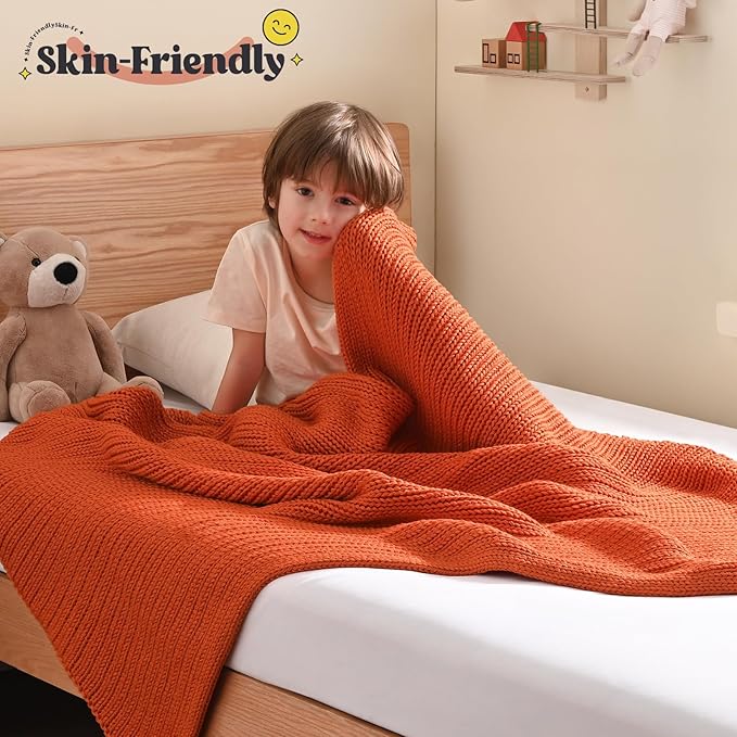 Guohaoi Knitted Weighted Blanket Kids (Orange 50"x60" 5lbs) No Beads Cooling Heavy Blanket, Home Decor Breathable Chunky Knit Throw Blanket for All-Season Use