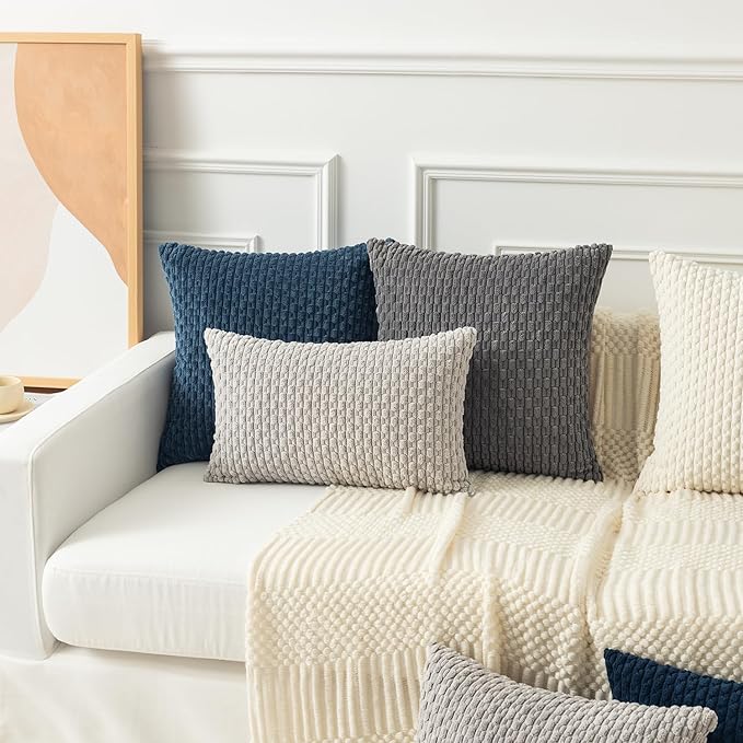 Kevin Textile 2 Packs Blue Decorative Throw Pillow Covers 22x22 Inch for Living Room Couch Bed Sofa Soft Striped Corduroy Square Cushion Case 55x55 cm Rustic Farmhouse Boho Home Decor