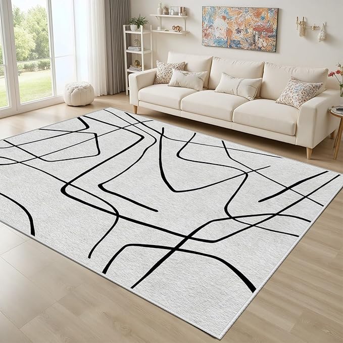 Black and White Rug - 8x10 Area Rugs, Abstract Area Rug, Black and White Rugs for Living Room, Modern Minimalist Washable Carpet, Contemporary Carpet Non Slip Home Decor, Curve