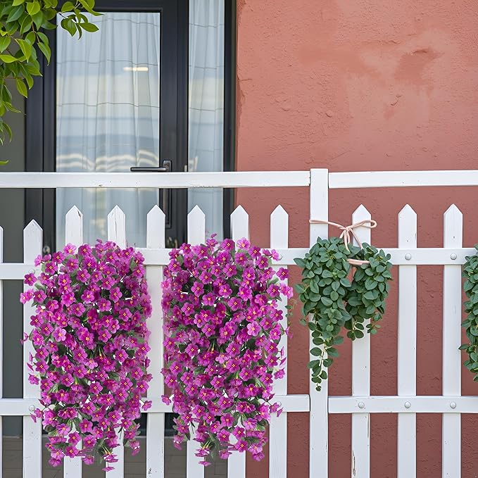 Artificial Fall Fake Hanging Flowers Plants for Outdoor Outside, 2 PCS Faux Silk Daisy Mums Fuchsia Orchid Long Vines UV Resistant Look Real for Home Porch Patio Window Planter Decoration