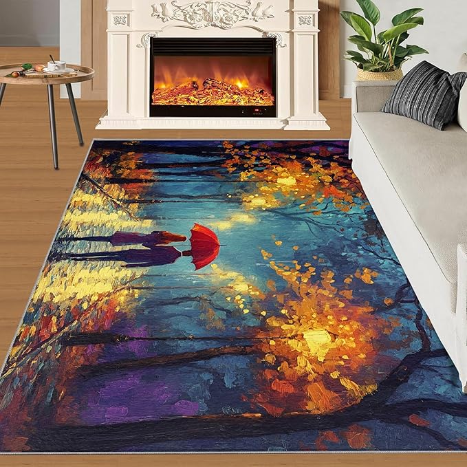 London Streets Washable Rugs 3x4 Rug for Living Room, Rainy Night Oil Painting 3x4 Rug Autumn Landscape Low-Pile Carpet for Bedroom Dining Non Slip Mat with Rubber Back