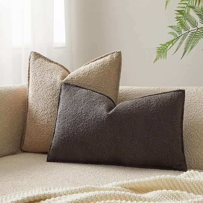 JUSPURBET 12x20 Pillow Covers Set of 2 Decorative Throw Pillow Covers Case for Couch Sofa Bed Soft Boucle Textured Lumbar Cushion Covers with Hidden Zipper for Home Decor Living Room,Dark Coffee