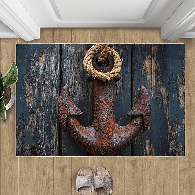 Nautical Anchor 6x8 Area Rugs,Distressed Wood Bedroom Rug Nautical Style Non-Slip Washable Rug for Living Room Nursery Kitchen Low-Pile Carpet