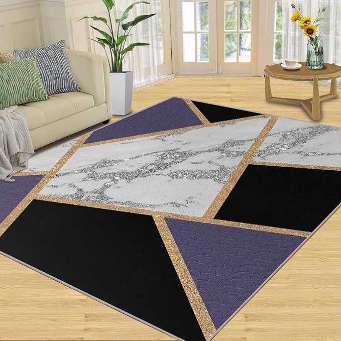 Black Gold Marble Area Rugs Geometric Marble Area Rug Modern Minimalist Carpet Irregular Geometric Patchwork Carpet Low Pile Non-Slip Rug for Living Room 7x8ft