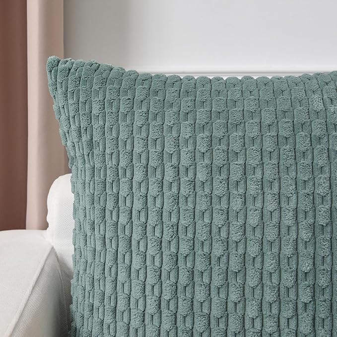 Kevin Textile Decorative Pillow Covers Set of 2 Striped Plush Corduroy Pillows Pillowcases Boho Home Decor Cushion Covers for Couch Sofa Bed Living Room 18x18 Inch, Teal Green