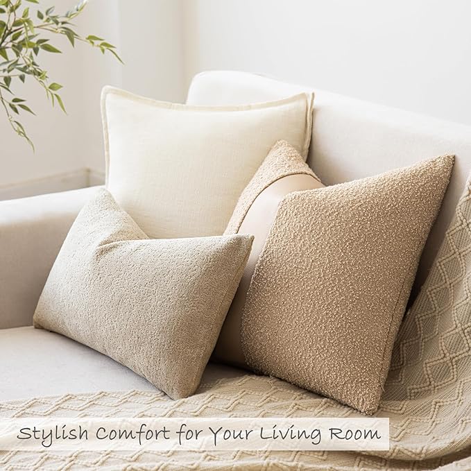 22"x22" Khaki Boucle Pillow Covers with Faux Leather Accents Set of 2 Fluffy Textured Decorative Throw Pillow Cases for Couch Bed Boho Farmhouse Square Cushion Covers for Home Décor