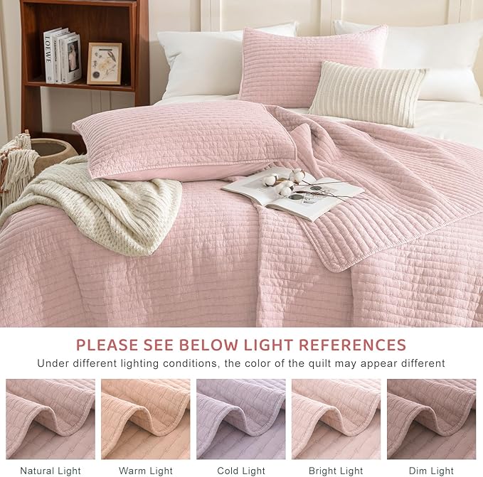 Sanracie Stonewashed Queen Quilt Bedding Set(90"x98"), Cotton Light Pink Crinkle Bedspread Coverlet 3Pcs Ultra Soft Lightweight Breathable Cross Stitch Pattern Bedspread Set for All Season