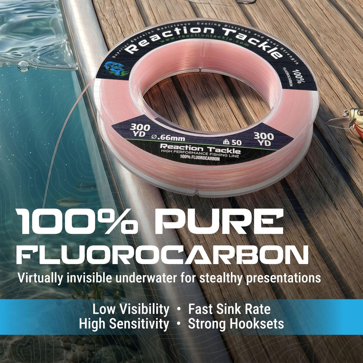 Reaction Tackle 100% Pure Fluorocarbon Fishing Line - High Strength, Abrasion-Resistant, Fast-Sinking, Virtually Invisible - Saltwater and Freshwater Leader Line - Pink - 12LB 300 Yards