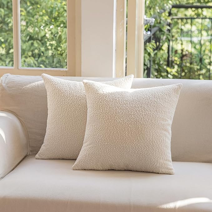 GEEORY Decorative Throw Pillow Covers 18x18 Inch Pack of 2,Textured Boucle Neutral Cushion Cases for Bed Couch Sofa, Accent Modern Farmhouse & Minimalist Home Decor (Cream) GE02-18