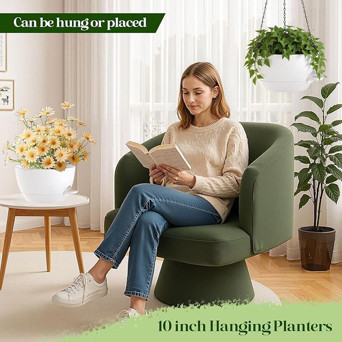 10 Inch Hanging Planters with Chains 2 Pack Self Watering White Plastic Hanging Pots for Indoor Outdoor Plants, Garden Porch Home Decor (White)