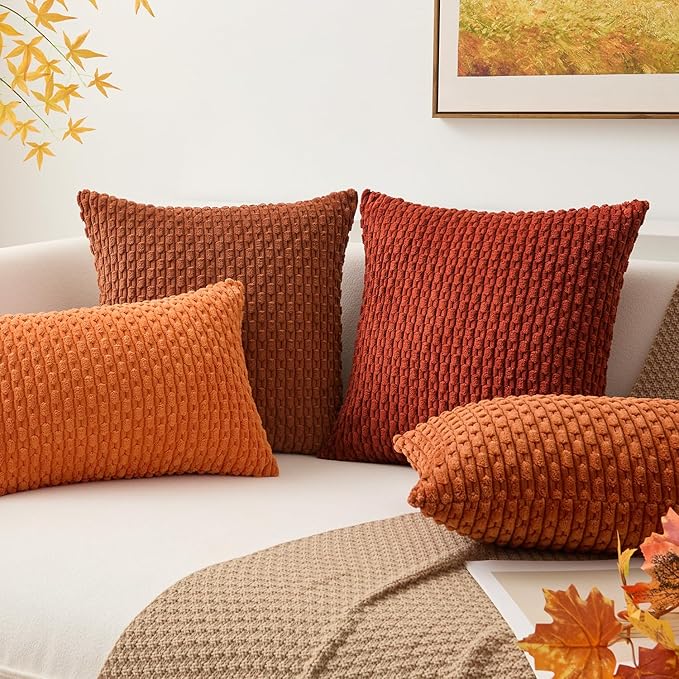 Kevin Textile Fall Corduroy Striped Soft Soild Decorative Square Throw Pillow Covers Set Autumn Cushion Cases Pillowcases for Sofa Bedroom 2 Pcs 16x16 Inch Burnt Brick